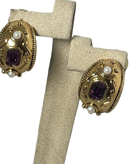 1980s Gold finish couture chunky amethyst purple crystal pearl dangle earrings
