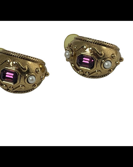 1980s Gold finish couture chunky amethyst purple crystal pearl dangle earrings