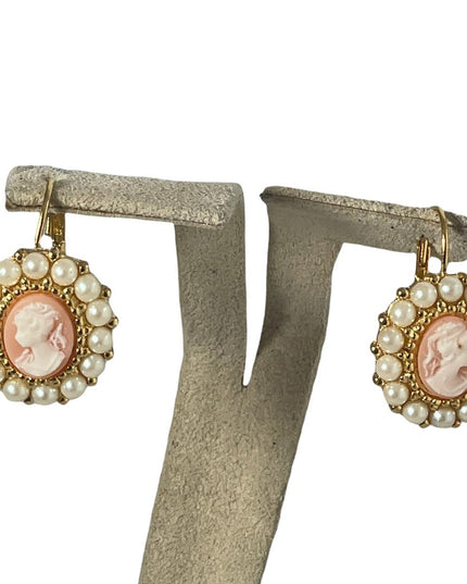 Cameo pearl gold finish dangle earrings