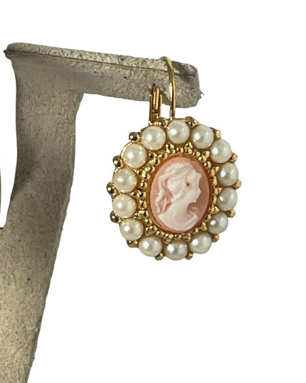 Cameo pearl gold finish dangle earrings
