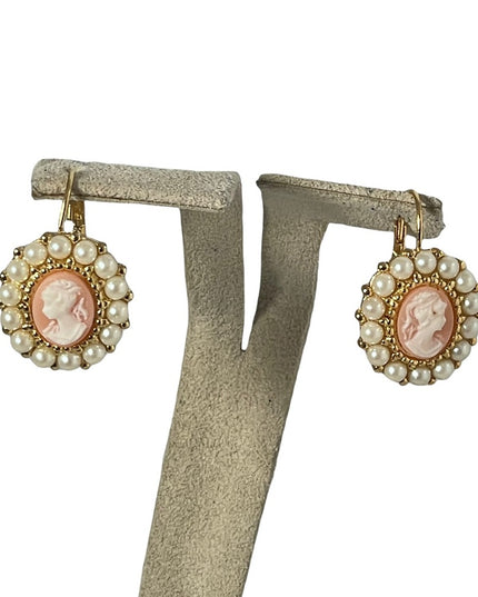 Cameo pearl gold finish dangle earrings