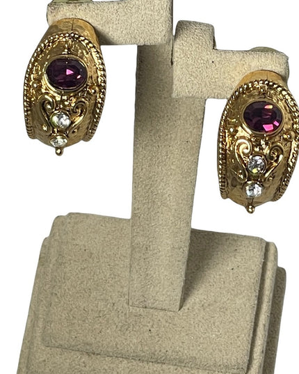 1980s Couture chunky gold crystal amethyst purple crystal dangle earrings