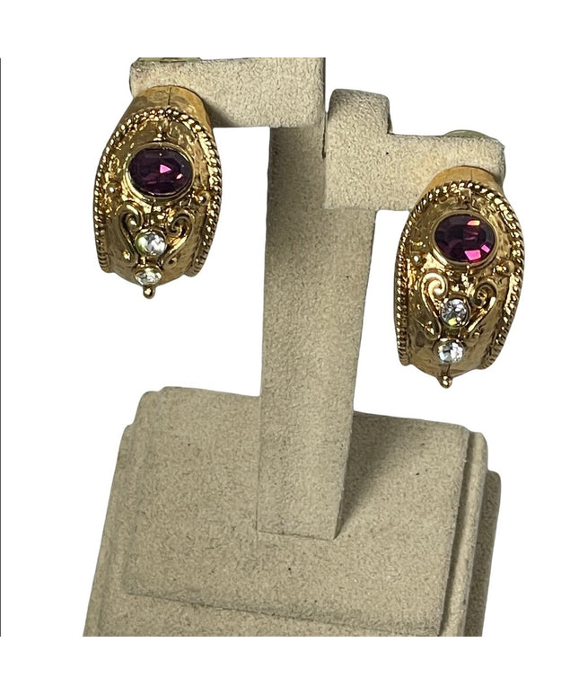 1980s Couture chunky gold crystal amethyst purple crystal dangle earrings