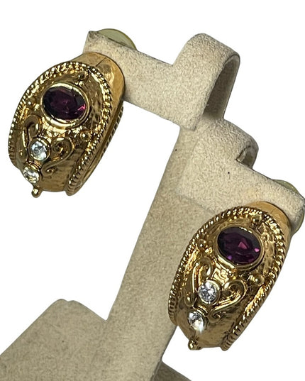 1980s Couture chunky gold crystal amethyst purple crystal dangle earrings