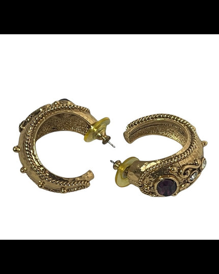 1980s Couture chunky gold crystal amethyst purple crystal dangle earrings