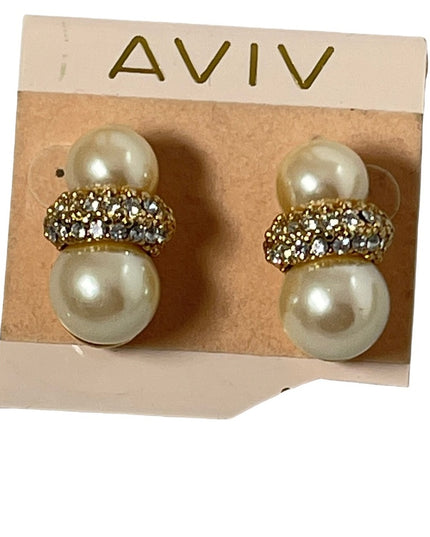 Vintage AVIV faux pearl rhinestone chunky earrings gold dangle