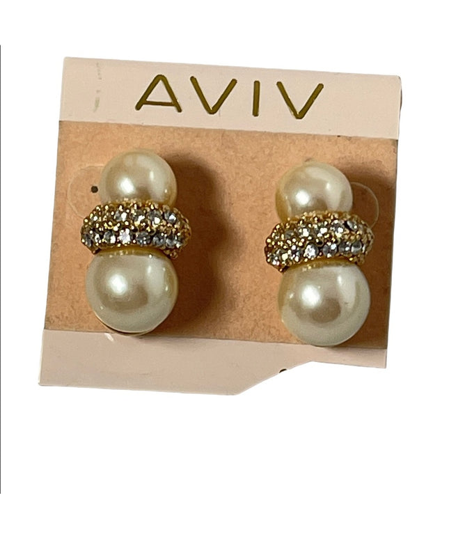 Vintage AVIV faux pearl rhinestone chunky earrings gold dangle