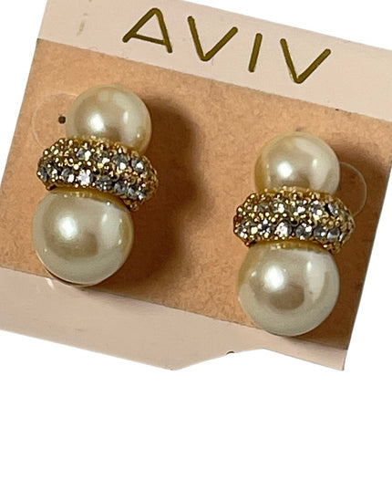 Vintage AVIV faux pearl rhinestone chunky earrings gold dangle