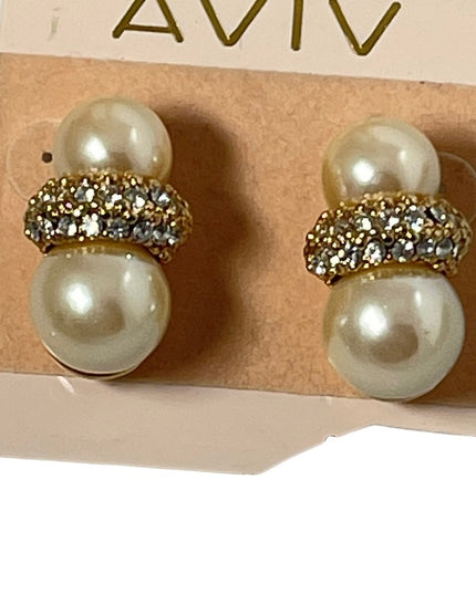 Vintage AVIV faux pearl rhinestone chunky earrings gold dangle