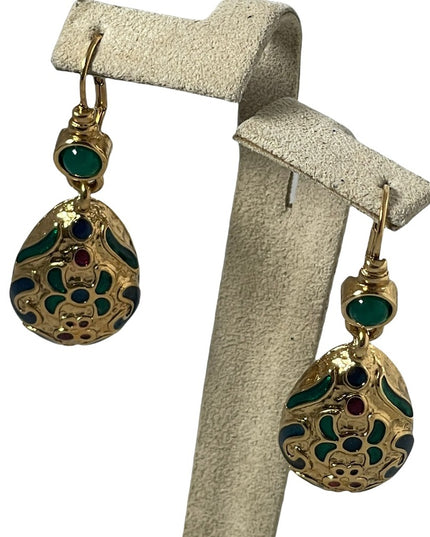 1980s gold finish enameled multi color hi fashion dangle earrings