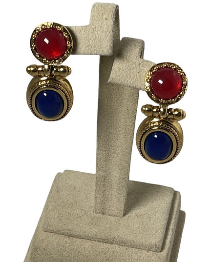 Vintage 1980s high fashion gold dangle earrings blue glass