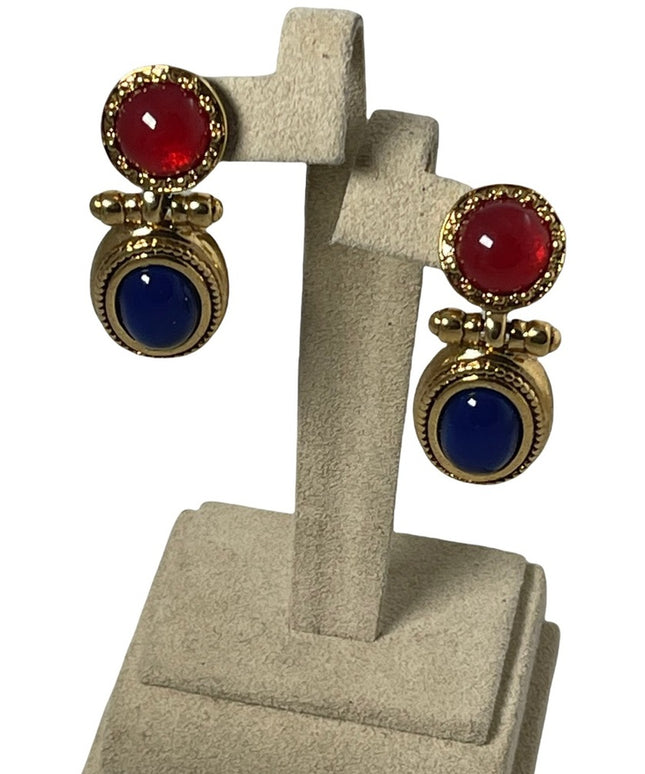 Vintage 1980s high fashion gold dangle earrings blue glass