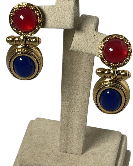 Vintage 1980s high fashion gold dangle earrings blue glass