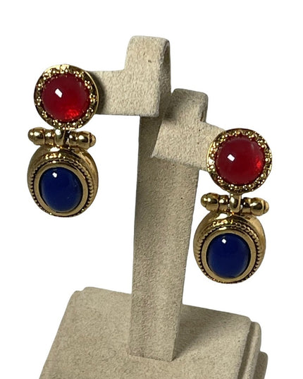 Vintage 1980s high fashion gold dangle earrings blue glass