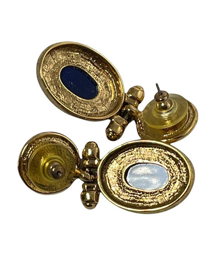 Vintage 1980s high fashion gold dangle earrings blue glass