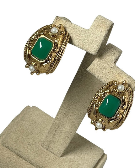 chunky 1980s couture high fashion faux pearl green glass dangle earrings