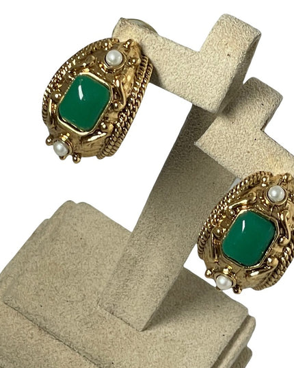 chunky 1980s couture high fashion faux pearl green glass dangle earrings