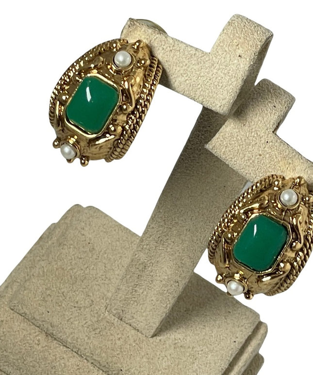 chunky 1980s couture high fashion faux pearl green glass dangle earrings