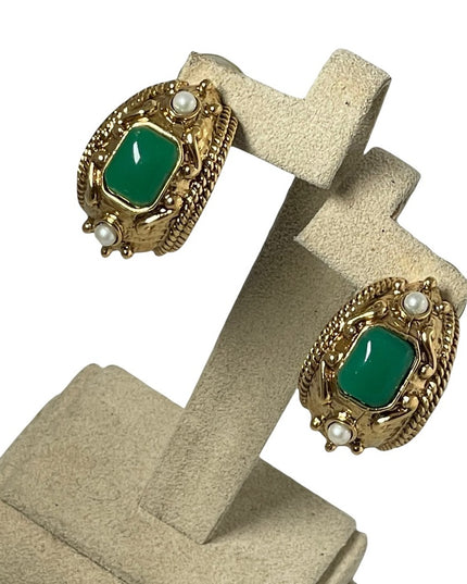 chunky 1980s couture high fashion faux pearl green glass dangle earrings