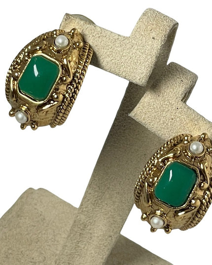 chunky 1980s couture high fashion faux pearl green glass dangle earrings