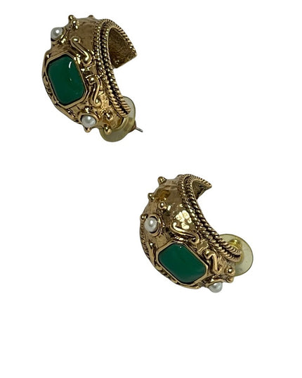 chunky 1980s couture high fashion faux pearl green glass dangle earrings
