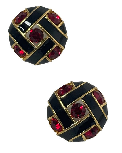 Vintage 1980s red crystal black enamel chunky pierced earrings