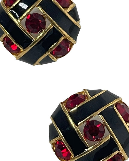 Vintage 1980s red crystal black enamel chunky pierced earrings