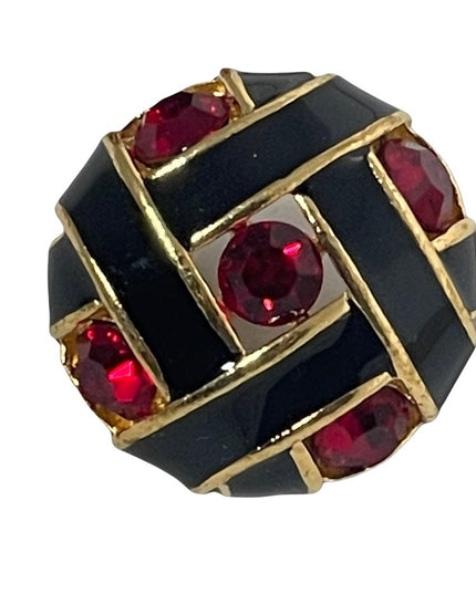 Vintage 1980s red crystal black enamel chunky pierced earrings