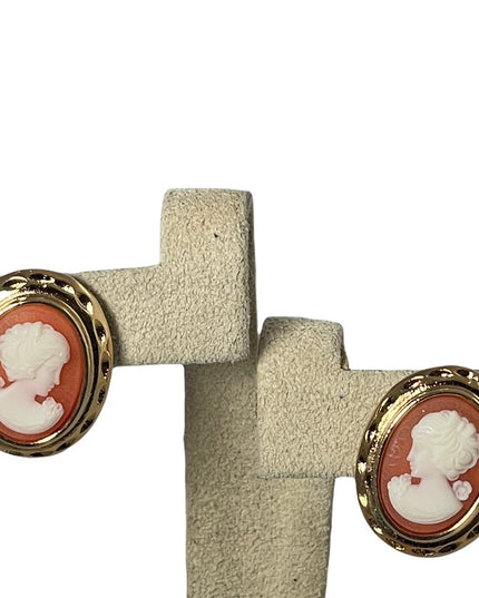 1980s gold finish high fashion faux resin cameo pierced earrings