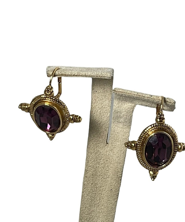 VTG High fashion gold finish purple glass magestic dangle earrings