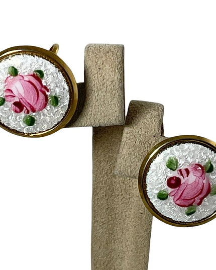 Vintage Hand painted guilloche gold finish screw back earrings