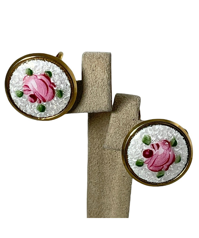 Vintage Hand painted guilloche gold finish screw back earrings