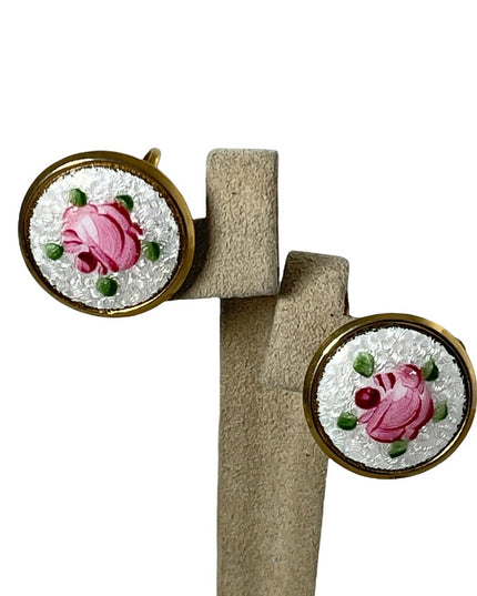 Vintage Hand painted guilloche gold finish screw back earrings