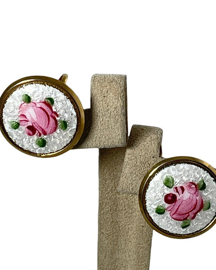 Vintage Hand painted guilloche gold finish screw back earrings