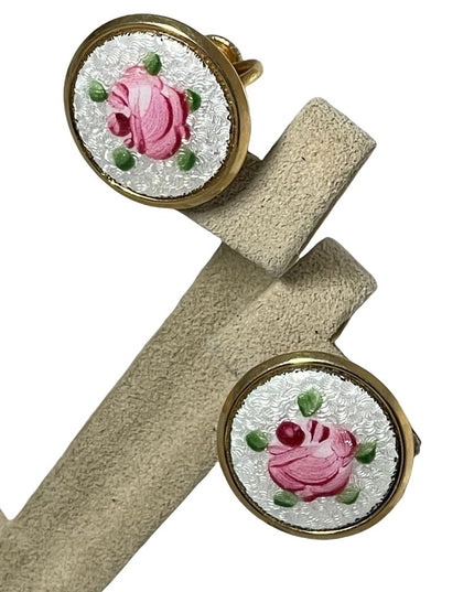 Vintage Hand painted guilloche gold finish screw back earrings