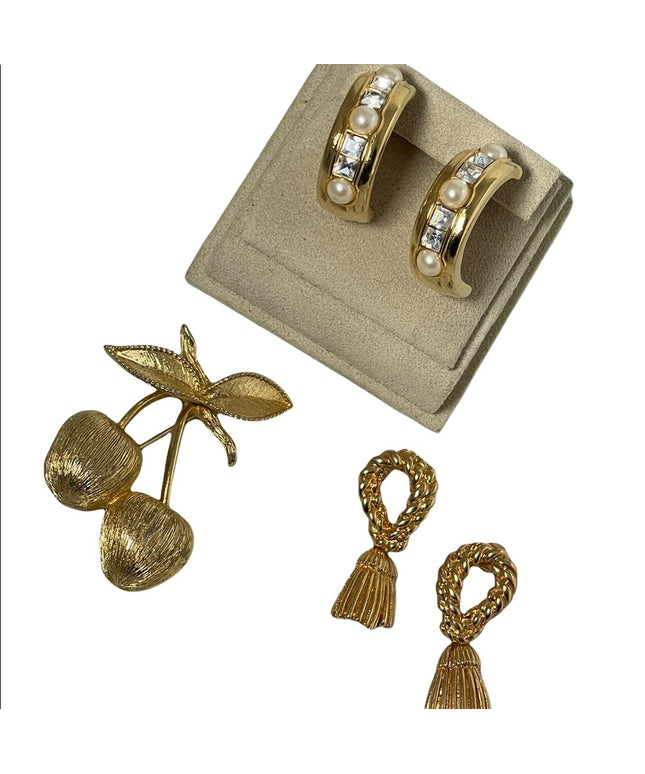 Lot jewelry gold cherries Sarah Cov brooch rhinestone earrings dangle couture