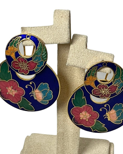 Vintage cloissone gold enameled butterfly flower dangle fancy earrings large
