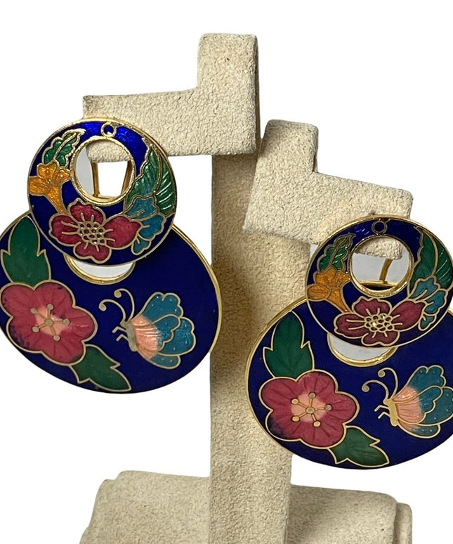 Vintage cloissone gold enameled butterfly flower dangle fancy earrings large