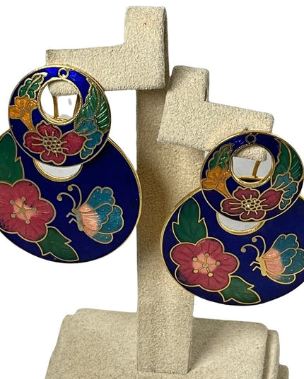 Vintage cloissone gold enameled butterfly flower dangle fancy earrings large