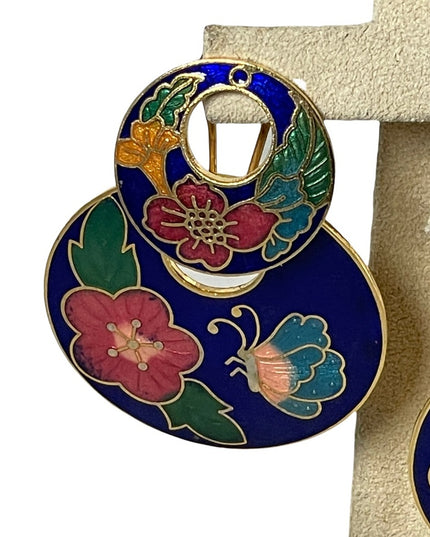 Vintage cloissone gold enameled butterfly flower dangle fancy earrings large