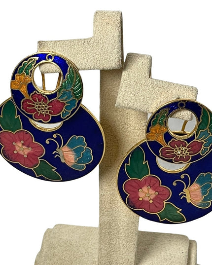 Vintage cloissone gold enameled butterfly flower dangle fancy earrings large