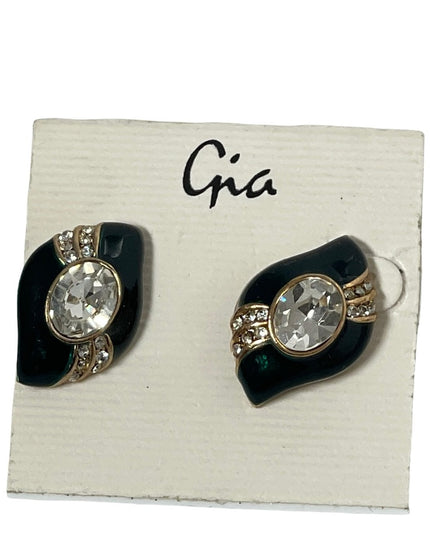 Vintage rhinestone black enamel tear drop earrings pierced crystal