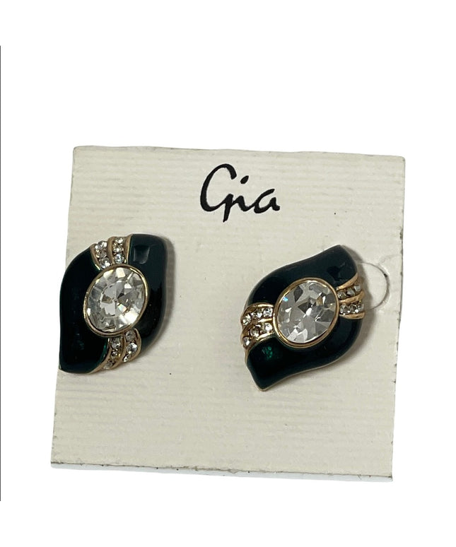 Vintage rhinestone black enamel tear drop earrings pierced crystal