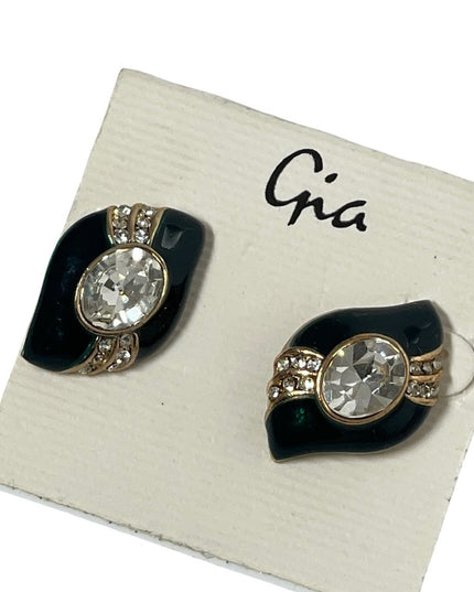 Vintage rhinestone black enamel tear drop earrings pierced crystal