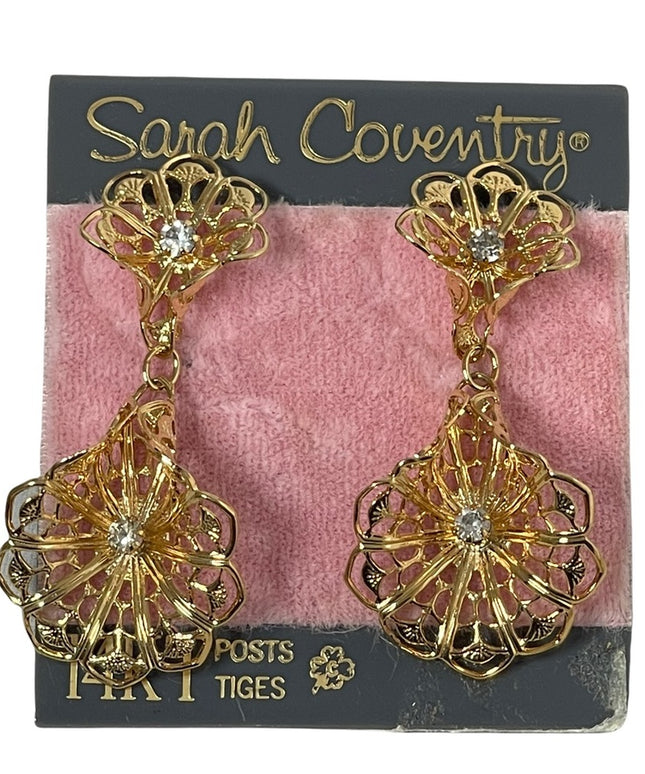 Vintage Sarah Coventry gold filagree dangle flower earrings w/14k post