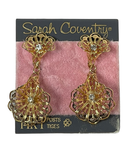 Vintage Sarah Coventry gold filagree dangle flower earrings w/14k post