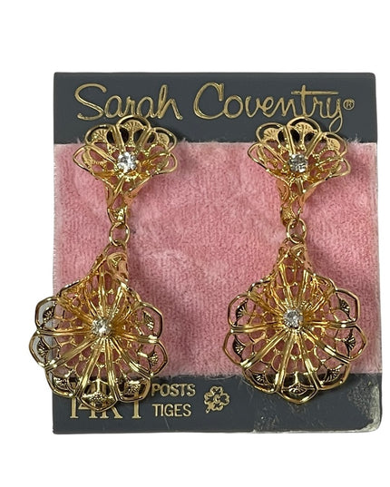 Vintage Sarah Coventry gold filagree dangle flower earrings w/14k post