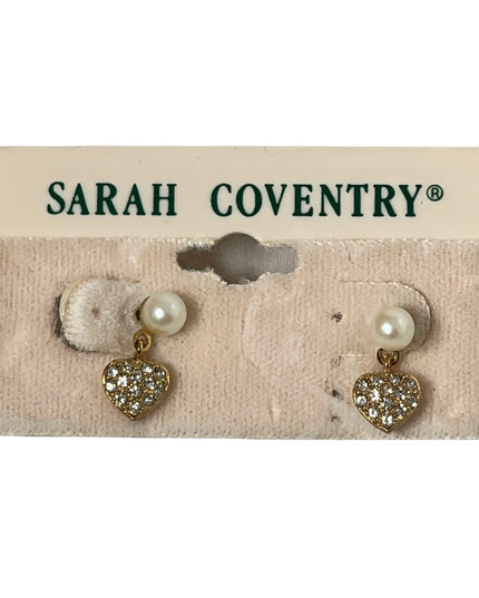 Vintage Sarah Coventry small heart pearl rhinestone dangle earrings