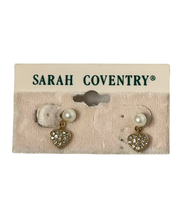 Vintage Sarah Coventry small heart pearl rhinestone dangle earrings
