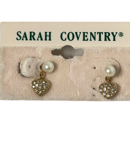 Vintage Sarah Coventry small heart pearl rhinestone dangle earrings